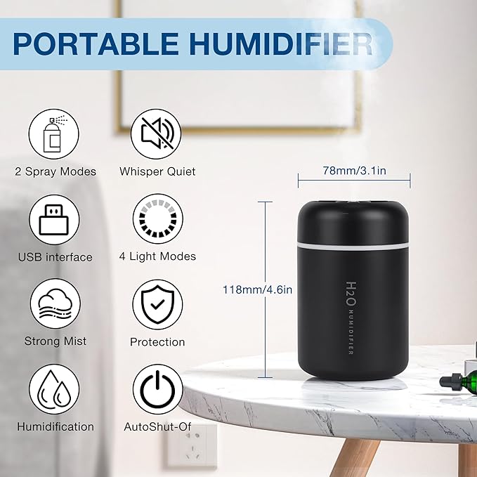 Portable Mini Humidifier, 300ml USB Cool Mist Small Humidifier with Colorful Lights. Perfect for Bedroom, Office, Plants, travel & Car (Black)