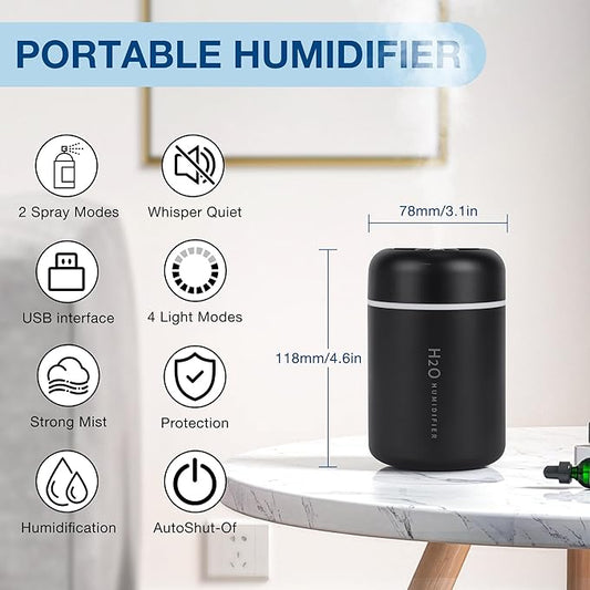 Portable Mini Humidifier, 300ml USB Cool Mist Small Humidifier with Colorful Lights. Perfect for Bedroom, Office, Plants, travel & Car (Black)