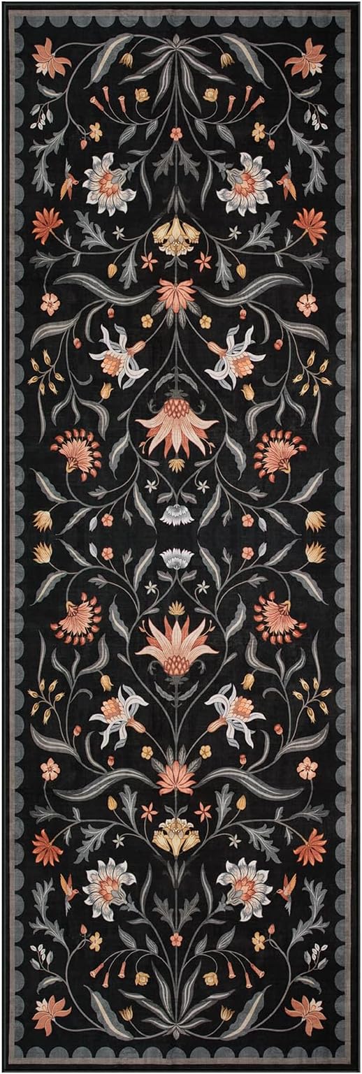 Lahome Boho Floral 2x6 Rug Runners for Hallways Non Slip, Black Kitchen Runner Rugs Non Skid Washable Bathroom Carpet Runner, Soft Non-Slip Runners for Entryway Laundry(Black,2x6)