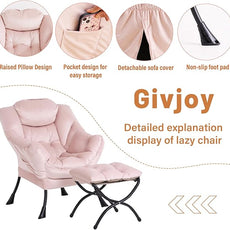 Lazy Chair and Ottoman, Large Accent Lounge Chair with Armrests and a Side Pocket, Modern Leisure Upholstered Sofa Reading Armchair with Footrest for Bedroom, Living Room, Dorm Rooms, Office