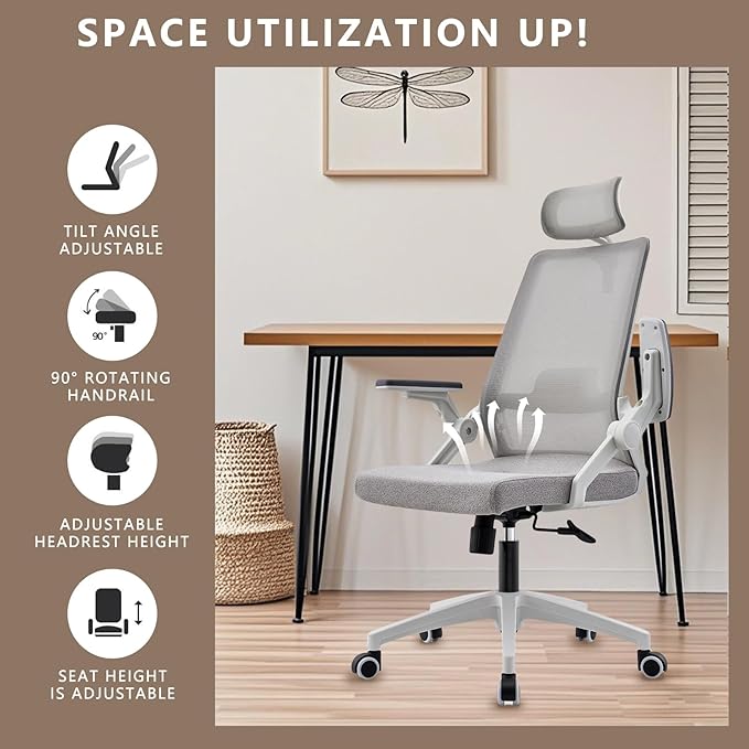 Ergonomic Mesh Office Chair with Dynamic Lumbar Support & Adjustable Headrest, Home Office Desk Chair with 90° Swivel Flip-Up Arms, Grey - Tilt Lock, Height Adjustable, 350 lbs Capacity