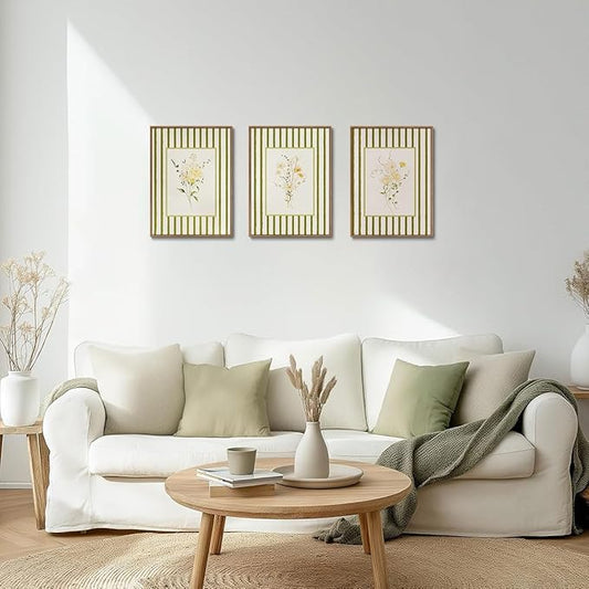 KISSFOX 3 Piece Floral Framed Wall Art Wildflower Canvas Wall Art Flower Pictures Wall Decor Boho Botanical Paintings Green Poster Wall Decor For Girly Room Bedroom Apartment Dorm Living Room