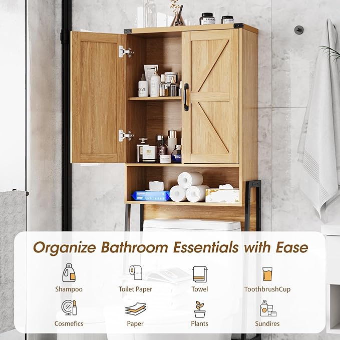 Over The Toilet Storage Cabinet with 2-Door Design Bathroom Organizers and Storage with Anti-Tip Device Over Toilet Organizer with Shelves for Bathroom,Restroom,Laundry Natural