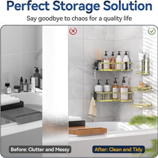 YASONIC Corner Shower Caddy Organizer, 5-Pack Self-Adhesive Rustproof Bath Shelves with Soap Holder & 4 Hooks, Large Capacity Shower Storage Rack for Bathroom Organization, Gold