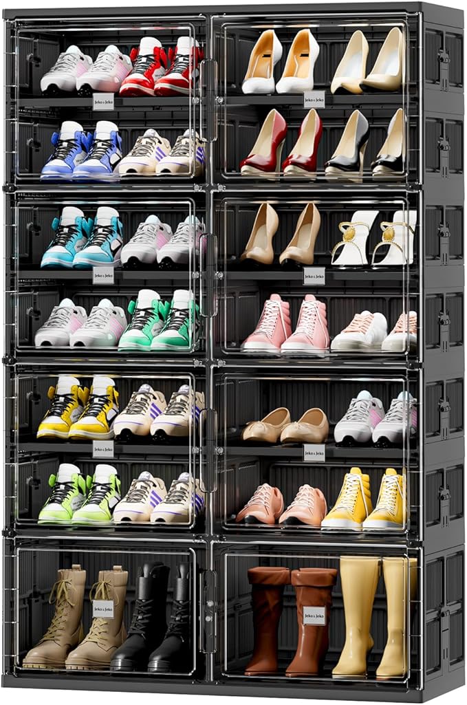 JEKO&JEKO 7 Tiers Foldable Boot Storage Shoe Rack Cabinet for Closet Entryway, Large Collapsible Shoe Organizer with Magnetic Doors (Black)