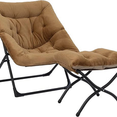 Comfy Saucer Chair for Adults, Soft Faux Fur Bedroom Chair with Ottoman, Accent Dorm Chairs, Living Room Reading Chairs and Footstool, Folding Lounge Seat for Teens, X-Large, Brown
