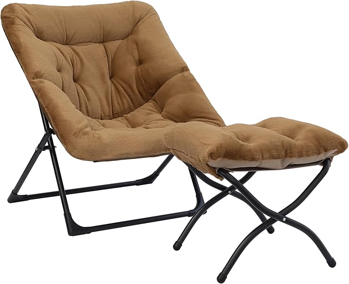 Comfy Saucer Chair for Adults, Soft Faux Fur Bedroom Chair with Ottoman, Accent Dorm Chairs, Living Room Reading Chairs and Footstool, Folding Lounge Seat for Teens, X-Large, Brown