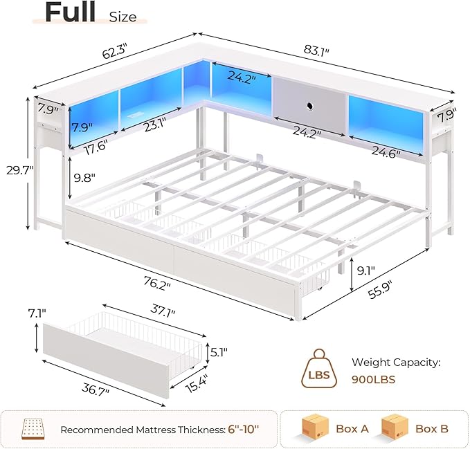 Hasuit Corner Full Bed Frame with Storage Drawers and Bookcase Headboard, Full Size Metal Platform Corner Bed Frame with Charging Station and LED Lights, Full Daybed for Kids Teens Guests, White