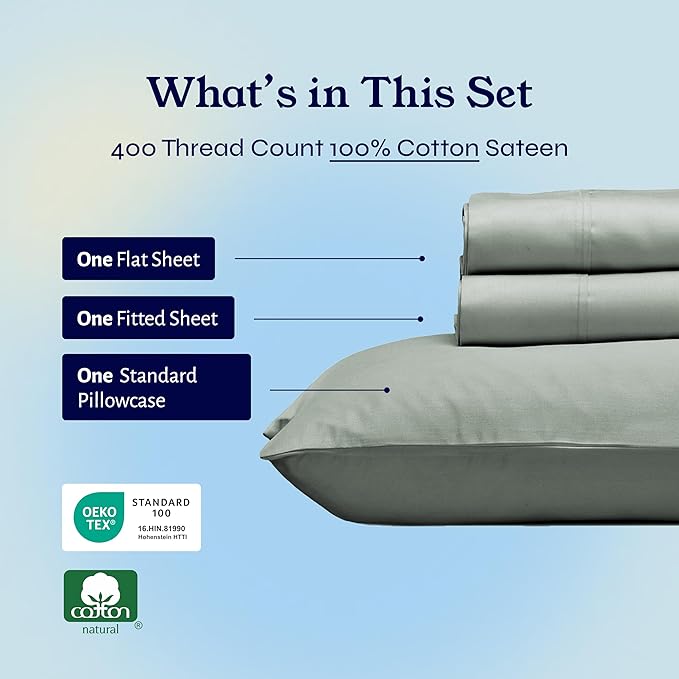 California Design Den Twin XL Sheet Sets - Soft 400 Thread Count Sateen, Natural 100% Cotton Sheets Set with Deep Pockets, and Durable Bedding - Sage Green CaliforniaDesignDen