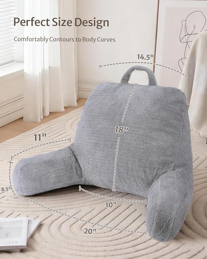 Blissful Diary Plush Velvet Reading Pillow for Kids/Teens/Adults, Back Rest Pillow for Sitting Up in Bed with Shredded Memory Foam, Includes Arms and Washable Cover, Light Gray