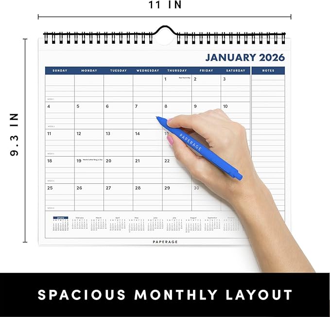 PAPERAGE 2026 Calendar, 12 Months (January 2026 - December 2026), Small (9 in x 11 in), Minimalist Wall and Desk Calendar with Monthly Views, Yearly Plans & Notes Section – Navy