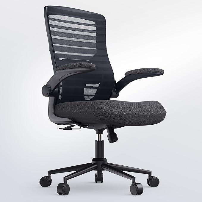 Office Desk Chair for Long Hours & Lower Back Pain Relief – 4“ Thick Molded Foam Cushion, Enhanced Lumbar Support, Padded Flip-up Armrests, Black