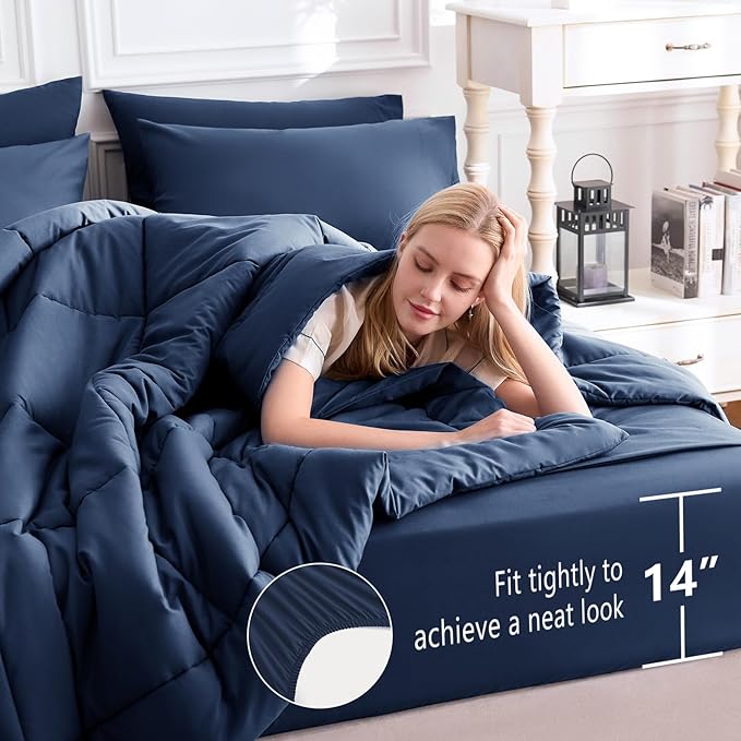 CozyLux King Size Comforter Set Navy Blue, 7 Pieces Bed in a Bag, Navy Blue Comforter King Size, All Season Bedding Sets with Stitch Quilted Comforter, Flat Sheet, Fitted Sheet, Pillowcases