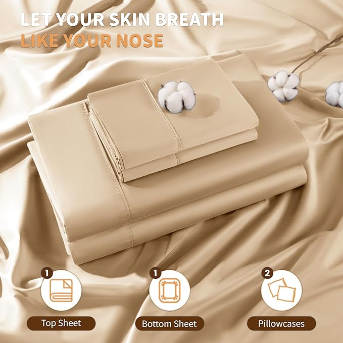 LBRO2M 100% Cotton Sheets Set Deep Pocket 19", 1000 Thread Count Queen Size 4 Piece Bed Sheet Sets Soft Comfortable Bedding All Season (Queen, Cream)