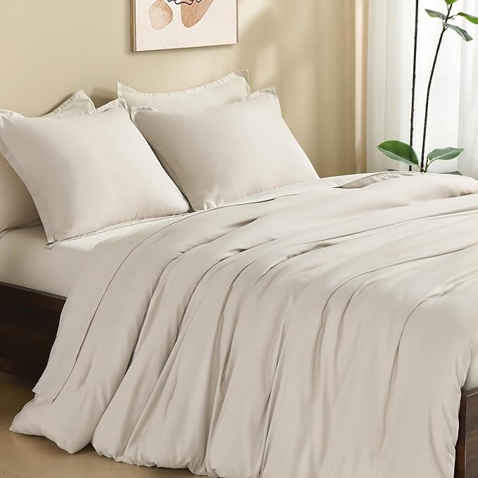 Litanika Comforter Set, Lightweight Solid Bedding Comforter Set, Fluffy Down Alternative Bed Set, Oatmeal, Twin/Twin XL