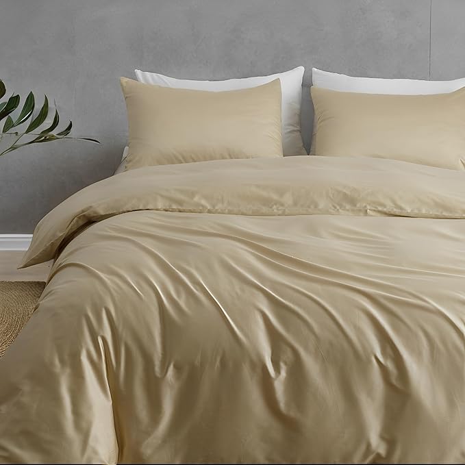 HeimenAogo Egyptian Cotton Duvet Cover Queen Size Sateen Weave, Silky Soft and Breathable Bedding Set with Zipper Closure, Extra-Long Staple Cotton Comforter Cover Cream 3Pcs 90"×90"
