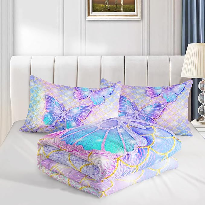 CVHOUSE Butterfly Comforter Set Full Size,Rainbow Mermaid Butterfliy Bedding Set for Kids Girls,Rainbow Mermaid Butterflies Quilt Set Butterfly Duvet Set Girl's Bedroom Decor 3 Pieces