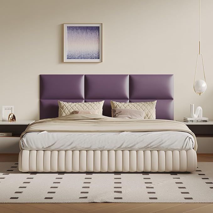 Extra Wide Light Purple Faux Leather Headboard Wall Mount Set - 9-Piece Peel & Stick Bed Backboard Panels (24x12 Inch), Queen/King Size Bed Frame Compatible