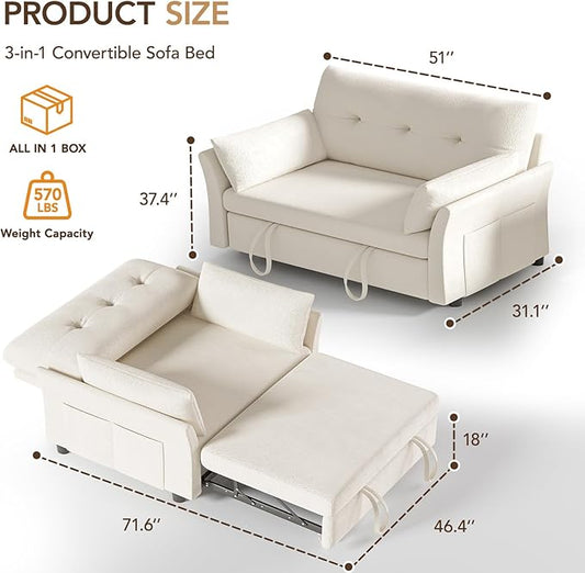 Vipbear 3 in 1 Pull Out Couch, Convertible Sofa Bed, Loveseat Sleeper with Reclining Backrest and Side Pocket for Living Room, Apartment, Tool-Free Assembly, Beige