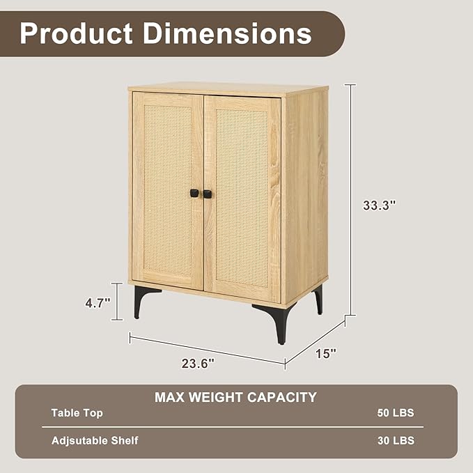 Rattan 4-Door Buffet Sideboard Storage Cabinet - Boho Kitchen Dining Console with Adjustable Shelves, Natural Rattan 48.4" W x 15" D x 33.4" H