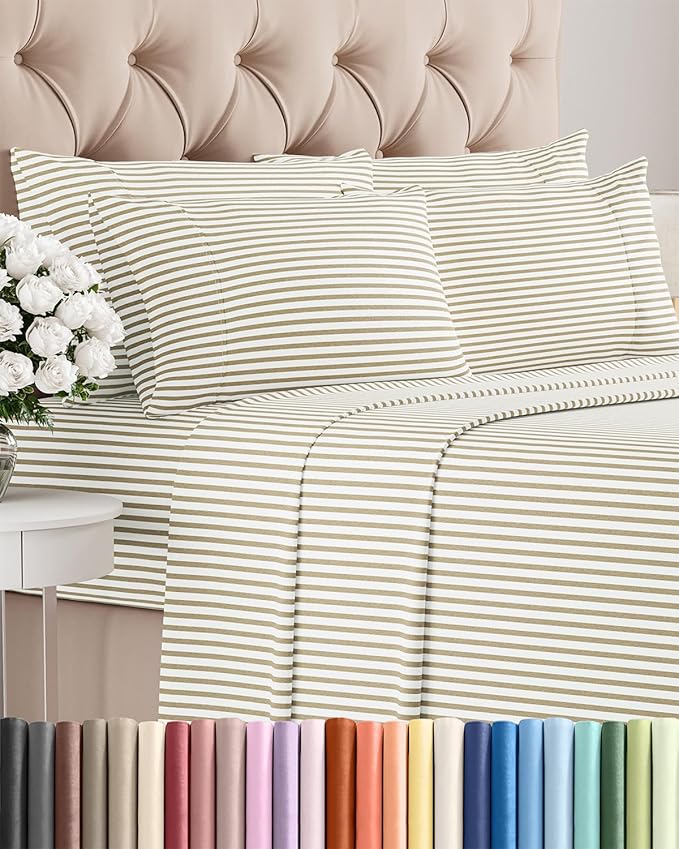 Queen 6 Piece Sheet Set - Cooling & Breathable Bed Sheets - Hotel Luxury Bed Sheets for Women, Men, Kids & Teens - Bedding w/Deep Pockets & Easy Fit - Soft & Wrinkle Free - Queen Beige Stripes Sheets