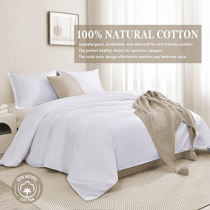 100-Percent Cotton Duvet Cover Set, Hidden Zipper Closure, Ultra Soft, Easy Care and Durable, Simple Bedding Style, King, White (Comforter Not Included)