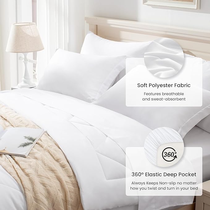 Love's cabin Full Comforter Set White, 7 Pieces Full Bed in a Bag, All Season Bedding Sets with 1 Comforter, 1 Flat Sheet, 1 Fitted Sheet, 2 Pillowcase and 2 Pillow Sham