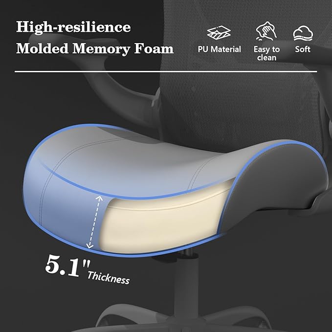 GYI Office Chair Ergonomic, Computer Desk Chair with Memory Foam Seat, Technical Mesh Back, 3D Flip-up Arms, Adjustable Lumbar Support&Height, Wheels for Home or Office, Grey&White