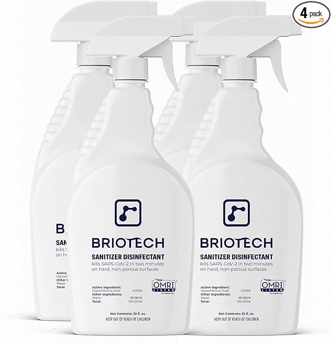 BRIOTECH Sanitizer Disinfectant Hypochlorous Spray, Kill 99.99% of Viruses & Bacteria, Control Mold, Eliminate Odor, Gentle for Nursery & Play Rooms, Food Contact Surface Sanitizer, 32 fl oz (4 Pack)