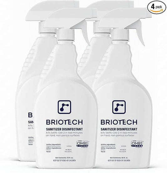 BRIOTECH Sanitizer Disinfectant Hypochlorous Spray, Kill 99.99% of Viruses & Bacteria, Control Mold, Eliminate Odor, Gentle for Nursery & Play Rooms, Food Contact Surface Sanitizer, 32 fl oz (4 Pack)
