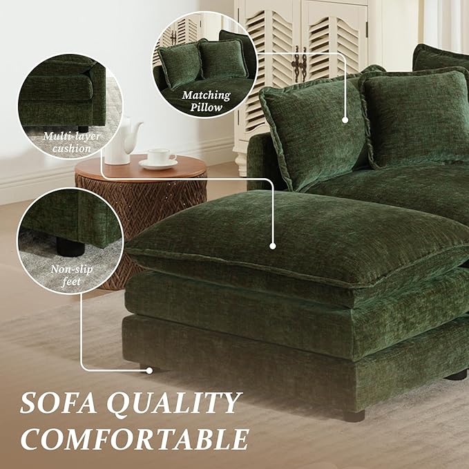 SoarFlash Chenille Sectional Sofa, Comfy Modular Loveseat Sofa, Modern 2-Seat Couch Deep Seat Sofa Set for Living Room,Green