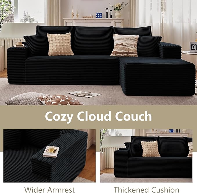 107" Modular Sectional Couches for Living Room, Comfy Boneless L Shaped Cloud Couch with Chaise Lounge, Modern Cozy Corduroy Deep Seat Floor Sofa, Memory Foam, No Assembly Required, Black