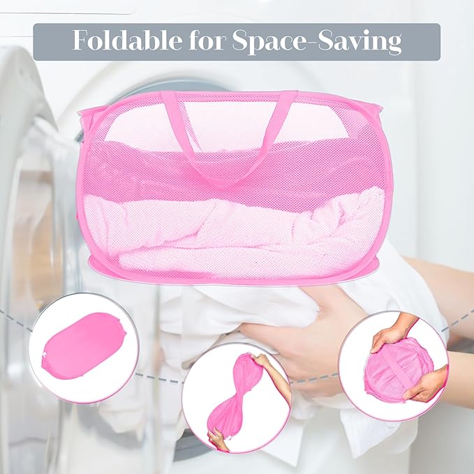 Durable Collapsible Laundry Baskets, Mesh Pop Up Laundry Hamper with Side Pocket, Foldable Clothes Hamper with Reinforced Carry Handles for Laundry, Bathroom, Kids Room, Dorm or Travel 2 Pack Pink