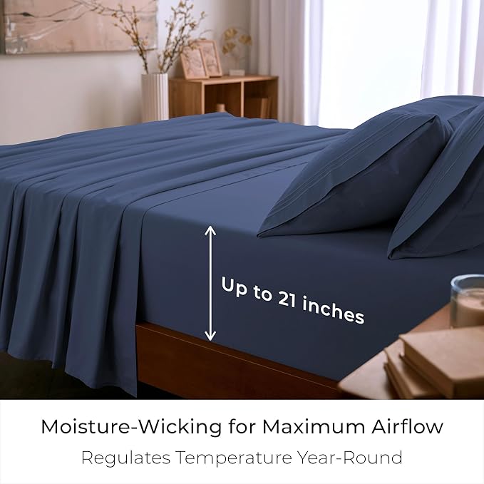 Mellanni King Sheet Set - 6-Piece Iconic Collection Bedding, (Including 4 Pillowcases), 21-Inch Extra Deep Pocket, Easy Care, Ultra Soft, Cooling Sheets, Brushed Microfiber - Blue Nova