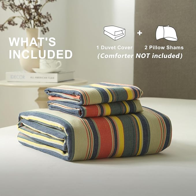 VM VOUGEMARKET Red Green Stripes Duvet Cover Twin XL Boho Farmhouse Style Washed Cotton Multi-Color Striped Bedding Set for Teens 1 Duvet Cover with 2 Pillowcases