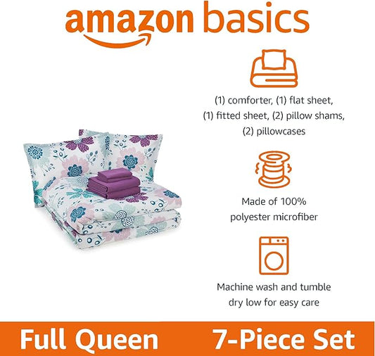 Amazon Basics 7 Piece Microfiber Kid's Comforter Bed-in-a-Bag Bedding Set, Full/Queen, Bluish Flowers, Floral