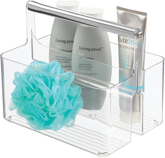 mDesign Plastic Shower Caddy Storage Organizer Utility Tote, Divided Basket Bin - Metal Handle for Bathroom, Dorm, Kitchen, Holds Soap, Shampoo, Conditioner - Aura Collection - Clear/Chrome