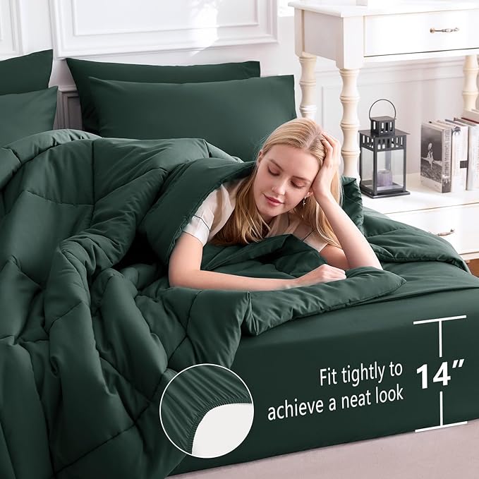 CozyLux Full Size Comforter Sets Forest Green, 7 Pieces Bed in a Bag, Green Comforter Full Size, All Season Bedding Sets with Stitch Quilted Comforter, Flat Sheet, Fitted Sheet, Pillowcases