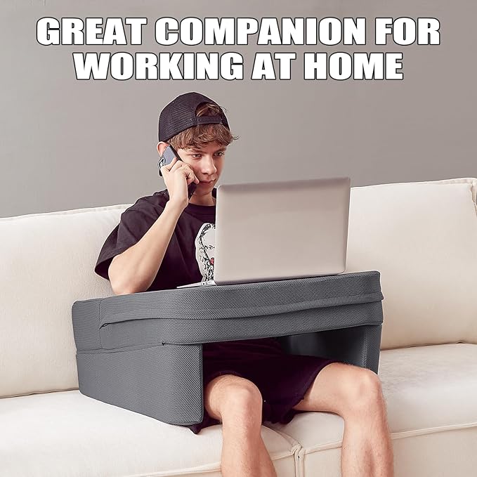 Lap Desk for Laptop, Reading Pillow for Adult, Memory Foam Gaming Pillow with Cup Holder, Arm Rest Couch Pillow for Working, Gaming, Reading, Laptop Desk for Couch Bed Floor(Grey)