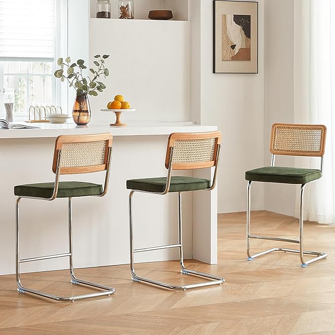 Natural Rattan Bar Stools Set of 3 with Solid Wood Back, 24 Inch Mid Century Modern Counter Height Stools, Green Upholstery Boho Stool for Kitchen Counter with Chrome Metal Legs