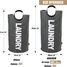 DOKEHOM 90L Large Laundry Basket, Collapsible Laundry Bag, Freestanding Tall Clothes Hamper, Foldable Washing Bin (Dark Grey)