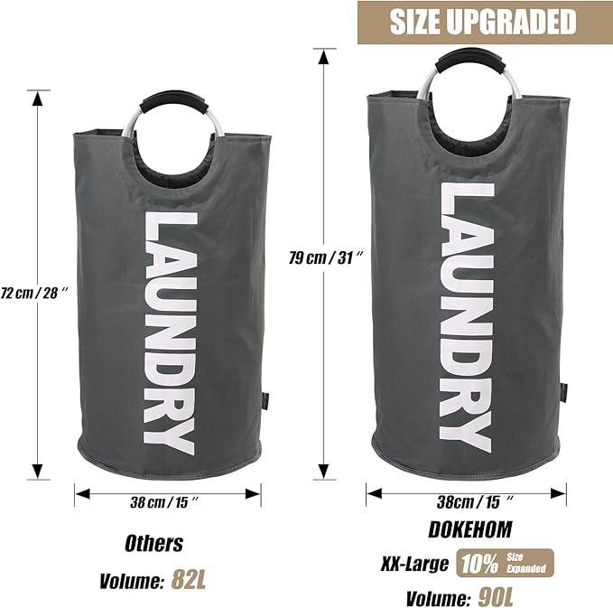 DOKEHOM 90L Large Laundry Basket, Collapsible Laundry Bag, Freestanding Tall Clothes Hamper, Foldable Washing Bin (Dark Grey)