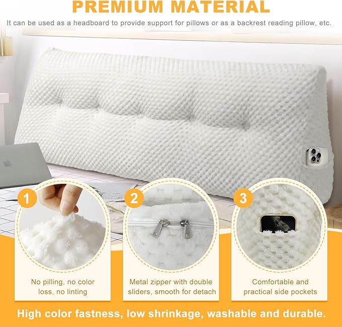 Large Triangular Headboard Wedge Pillow Soft and Supportive Headboard Backrest Positioning Support Bolster Cushion, Bed Wedge Pillow with Removable Cover(White,Cal King,71x8x20inch)