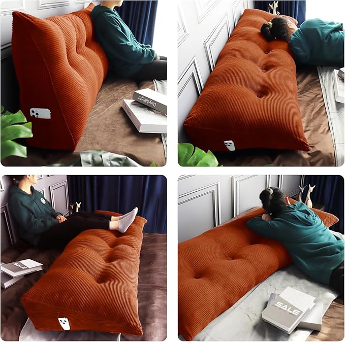 WOWMAX 100% Cotton Corduroy Headboard Pillow – Twin Size Back Support Reading Wedge for Bed & Daybed, Plush Handmade Bolster Cushion with Removable Cover, Cozy Bed Rest Pillow, Rusty Orange