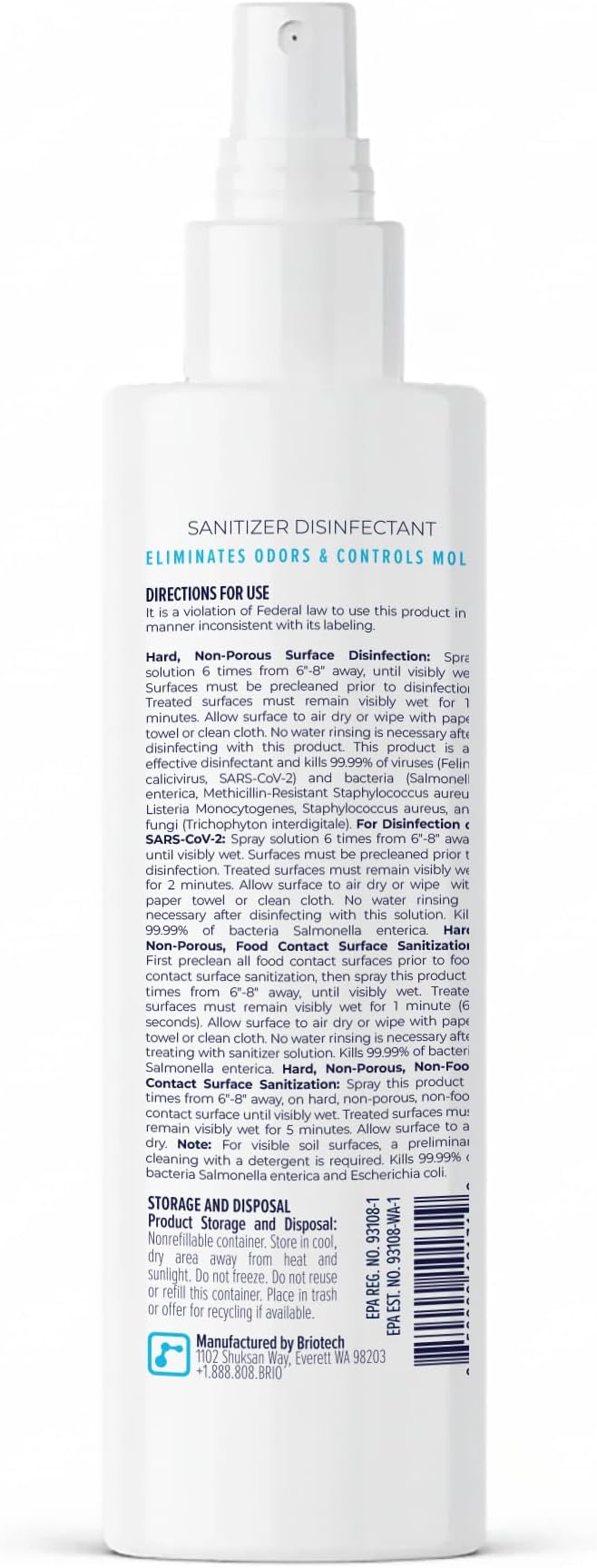 BRIOTECH Sanitizer Disinfectant Hypochlorous Spray, Kill 99.99% of Viruses & Bacteria, Control Mold, Eliminate Odor, Gentle for Nursery & Play Rooms, Food Contact Surface Sanitizer, 4 fl oz (2 Pack)