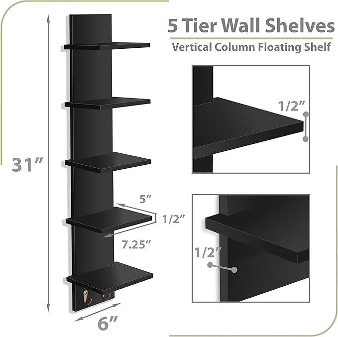 Sorbus 5 Tier Wall Shelf Unit with Hooks, Vertical Column Utility Shelving for Home Decor and Storage Organizer, Wall-Mounted Floating Shelves for Bathroom Storage, Bedroom, Living Room