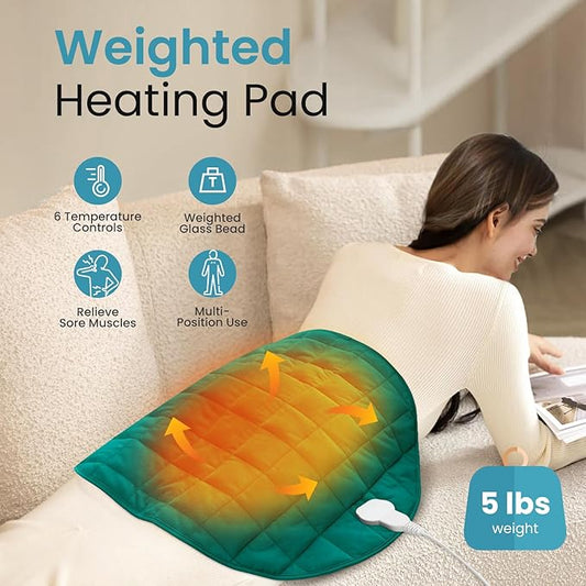 NOWWISH 5lbs Weighted Heating Pad for Women, Electric Heated Weighted Blanket with 6 Heat Settings, Timer & Auto Shut-Off, Relief for Period Cramps, Back Pain, Lap, Machine Washable, 29x24 inch, Green