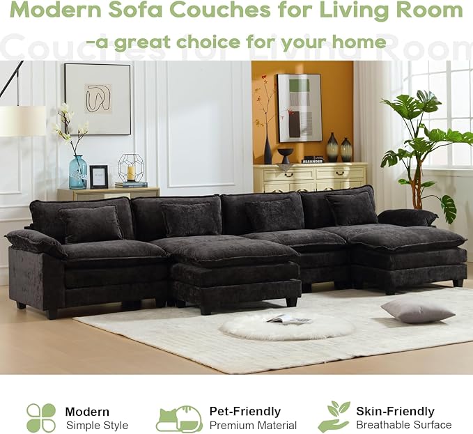 154" Modular Sectional Sofa, Comfy Cloud Couch Sectional Sofa with Ottoman, Chenille Sofa Sleeper Deep Seat Sofa with Throw Pillows for Living Room (Black, 154"- U Shape)