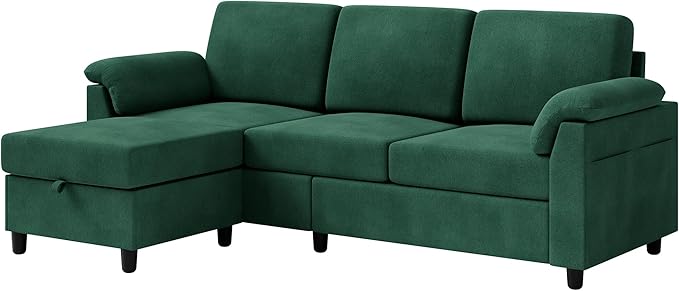 Vongrasig Convertible Sectional Couch, 3 Seat L Shaped Sofa with Removable Pillows Linen Fabric Small Modern Couch Mid Century for Living Room, Apartment and Office, Green