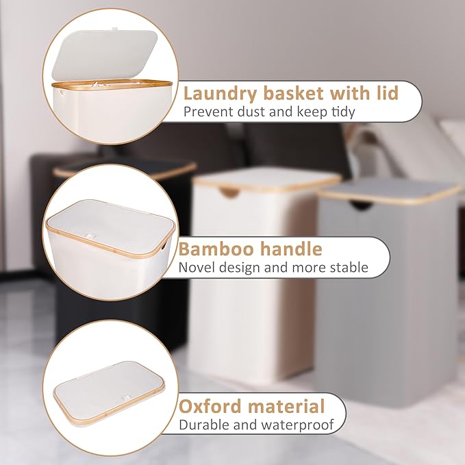 150L Laundry Basket with Lid, Large Laundry Hamper with Bamboo Handle, Collapsible Dirty Clothes Hamper Organizer with Removable Inner Bag for Clothes Toys Towels - Beige